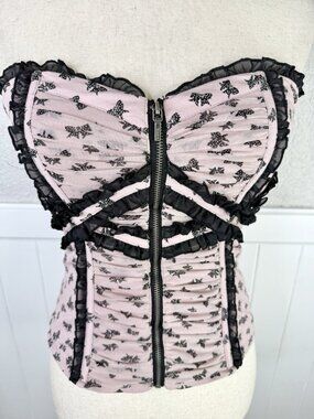 Bebe Corset Bustier Top Small Pink Mauve Black Bows Lace Trim Strapless  y2k